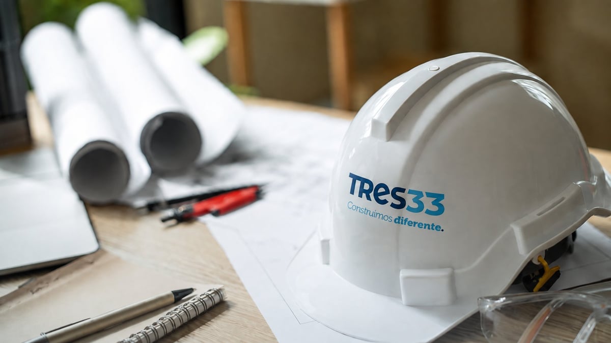 White hard hat with Tress33 logo on a desk with blueprints, tools, and work materials